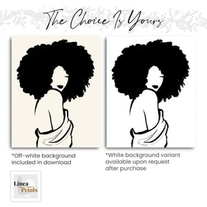 Puede incluir: Dos impresiones de arte digital de una ilustraci&oacute;n en blanco y negro de una mujer con afro. La mujer est&aacute; de espaldas y lleva una prenda holgada. El texto "The Choice Is Yours" est&aacute; en la parte superior de la imagen. La impresi&oacute;n de la izquierda tiene un fondo blanquecino y la impresi&oacute;n de la derecha tiene un fondo blanco.