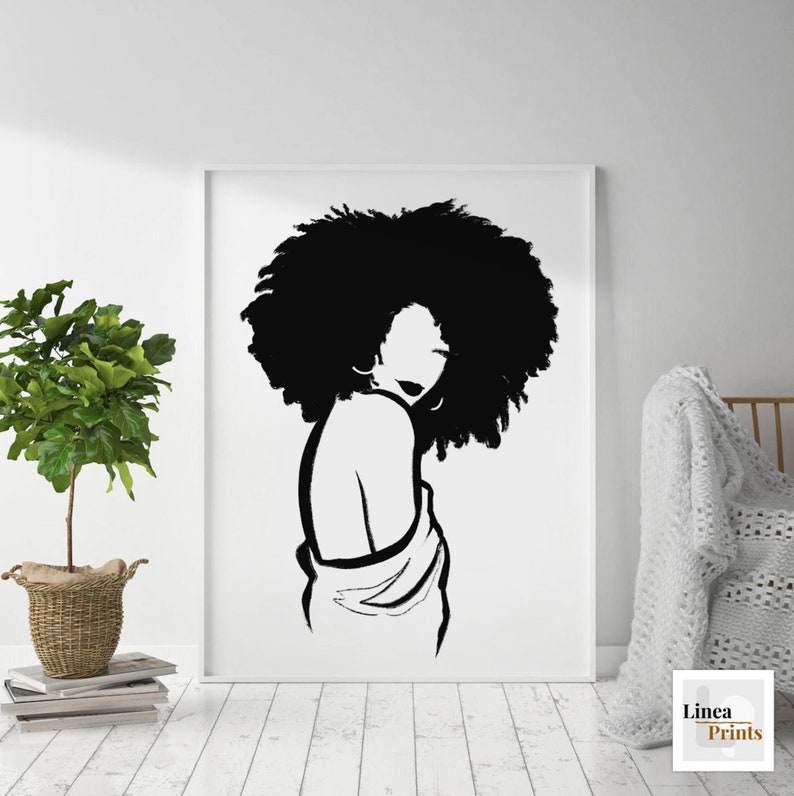 Nude Line Art Print | Printable wall art, Black woman art, Female Figure, Minimal line drawing, Woman with Afro, feminist print natural hair 