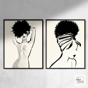 Set of Two Woman Line Art | Printable wall art, Curly hair Up do art set, Female line drawing, feminist print, Afro natural hair