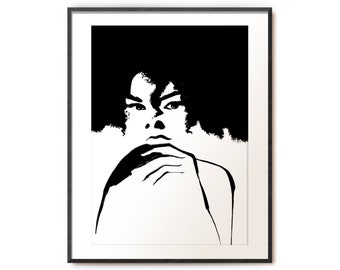 Nagi wydruk liniowy | Kobieta z afro, drukowana sztuka ścienna, drażnienie, Minimalistyczny rysunek liniowy, sztuka czarnej kobiety, feministyczny wydruk naturalne włosy