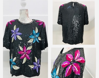 Vintage Party Top  - 1980s Sequins Size 12/14 by Stenay - Flower Print