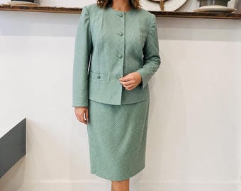 Vintagekläder | 80-talskostym i två delar | Salviagröna och vita prickar | Debenhams | Storlek 14