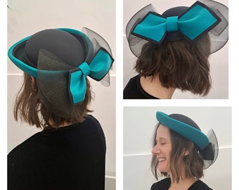 Vintage Hat- 1980s - Formal Hat- Occassion Hat - Teal and Black with bow