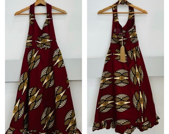 Vintage Dress- Burgundy Red with Yellow- Indigenous Australian style Print- Handmade - size 6 - Halter-neck Dress