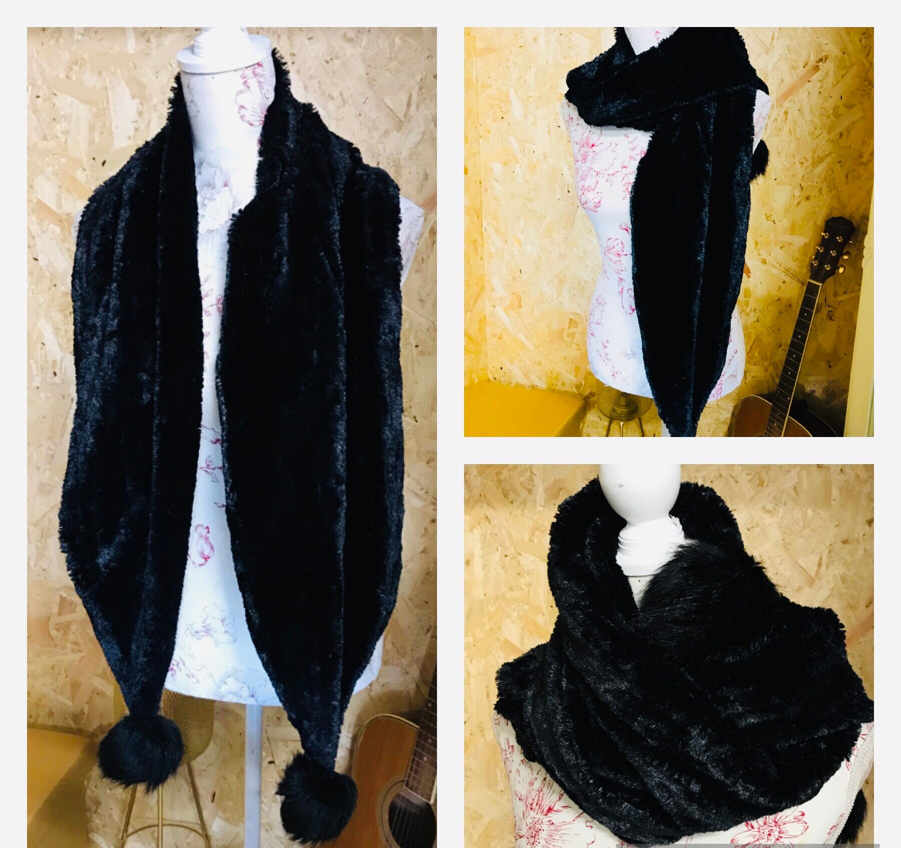 Autre Marque Black Long Rabbit Fur Pom Poms Evening Long Scarf Shawl Wrap  ref.190595 - Joli Closet