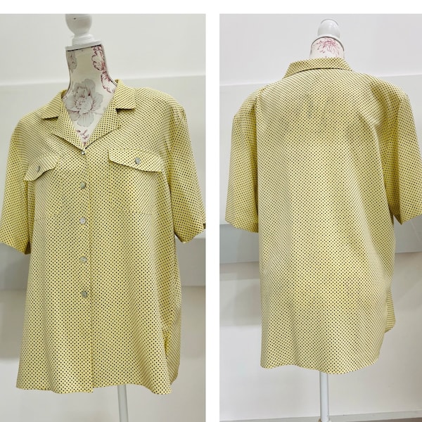 Vintage shirt- Yellow Lemon and Black Dots-  would fit up to - size 14- 1980s Retro Blouse - Shoulder Pads