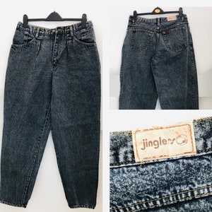 Vintage Jeans - High Rise and Wide Leg - Faded Black Denim - Mom Jeans by Jingle - Size 16