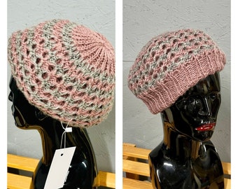 Vintage Hat- Pink and grey Crochet style soft wool beret- 1970s Hat