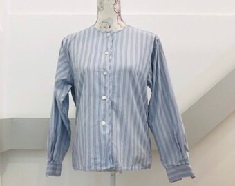 Vintage Blouse- Blue and White Pinstripe Shirt size 12 Italian Fashion - Preppy Shirt by Dobhran Label - European sizing 44