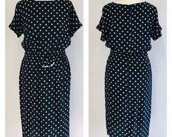 Vintage Dress- Navy and White Midi  - Polka Dots - Size 12 With Bow at Waist