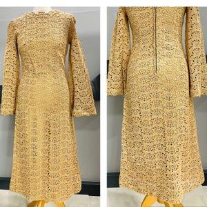 Vintage Dress- 1960s - Ocassion Dress- Tan Light Brown crochet effect - flute sleeved dress size 8