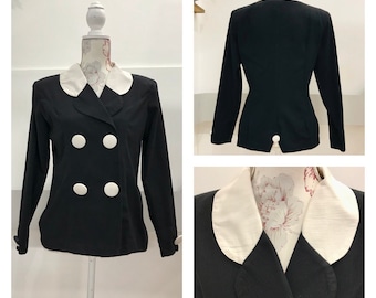 Vintage Blouse-1980s Blazer Blouse - Black and White - Monochrome with Shoulder Pads by Review by Dublin