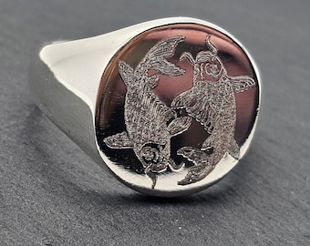 Japanese Koi fish engraved Handmade Sterling silver Oval signet