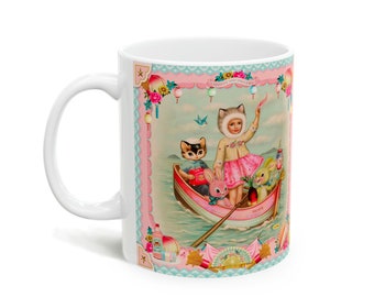 Boat of Hope 11oz ceramic mug, cute bunny ears Asian vintage ceramic mug