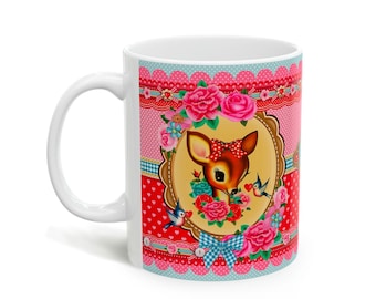Cute Bambi mug 11oz ceramic mug, vintage style cute deer ceramic mug