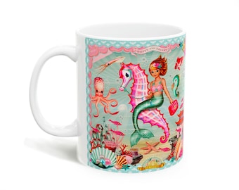 Mermaid 11oz ceramic mug, vintage style mermaid and octopus underwater creatures ceramic mug