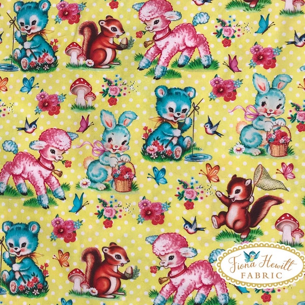 Vintage Animals fabric 0.5M x 1.48M cotton style kitsch animal decal style retro cotton style fabric