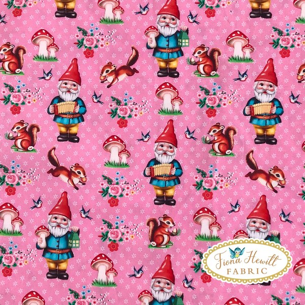 Pink Gnomes fabric 0.5M x 1.48M vintage garden gnomes kitsch retro gmomes Fiona Hewitt fabric