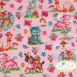 Vintage Pink Animals fabric 0.5M x 1.48M kitsch bambi fabric, animal decal style retro cotton style fabric