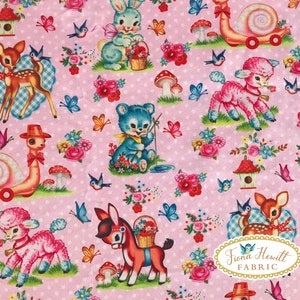 Vintage Pink Animals Fabric, Kitsch Bambi Cotton Style (0.5M x 1.48M)