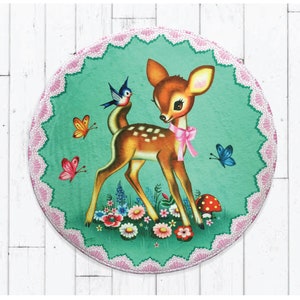 Darling deer decorative floor mat vintage style bambi bath mat 60cm x 60cm retro kitsch decorative mat for bedroom, nursery or entranceway