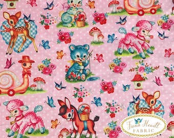 Vintage Pink Animals fabric 0.5M x 1.48M kitsch bambi fabric, animal decal style retro cotton style fabric