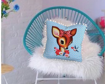 Deer Cushion, Bambi pillow, tassel trim, cover only, 45cm x 45cm, children's cushion, rockabilly, Kitsch, retro, 50's style, Fiona Hewitt