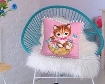 Adorable cat cushion (cover only), kitten pillow, Tassel trim, 45cm x45cm, Kitsch, retro, 50's style, Fiona Hewitt, kitschy home, cat lover