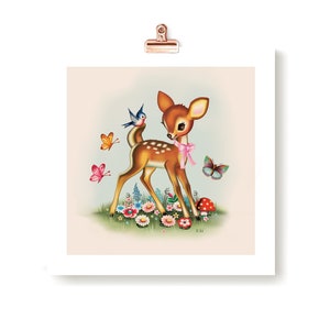 Vintage Deer art signed print, Kid's room art, Kitsch, retro Bambi, Nursery art, Fiona Hewitt art, Girl's room wall art,