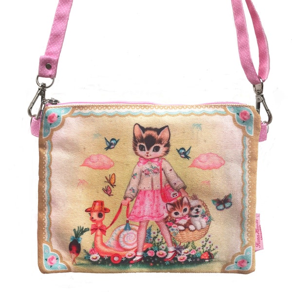 Sweet Kitty Cross Body bag with adjustable straps. Festival bag Party bag love cats bag Kitsch cat bag