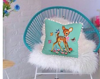 Bambi Deer Cushion Cover: Kitsch Retro Style Tassel Trim (45cm x 45cm)