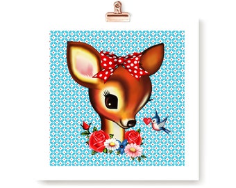 May include: A cute cartoon fawn with a red and white polka dot bow, wearing a floral garland and looking at a blue bird with a red heart.