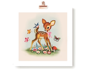 Vintage Deer Art Print: Signed Fiona Hewitt Kitsch Bambi Nursery Decor