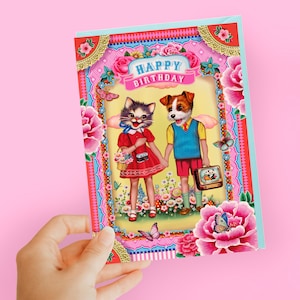 Carte d'anniversaire chat et chien, carte d'anniversaire chat mignon, carte d'anniversaire chats et chiens, carte animaux