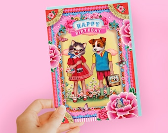 Carte d'anniversaire chat et chien, carte d'anniversaire chat mignon, carte d'anniversaire chats et chiens, carte animaux
