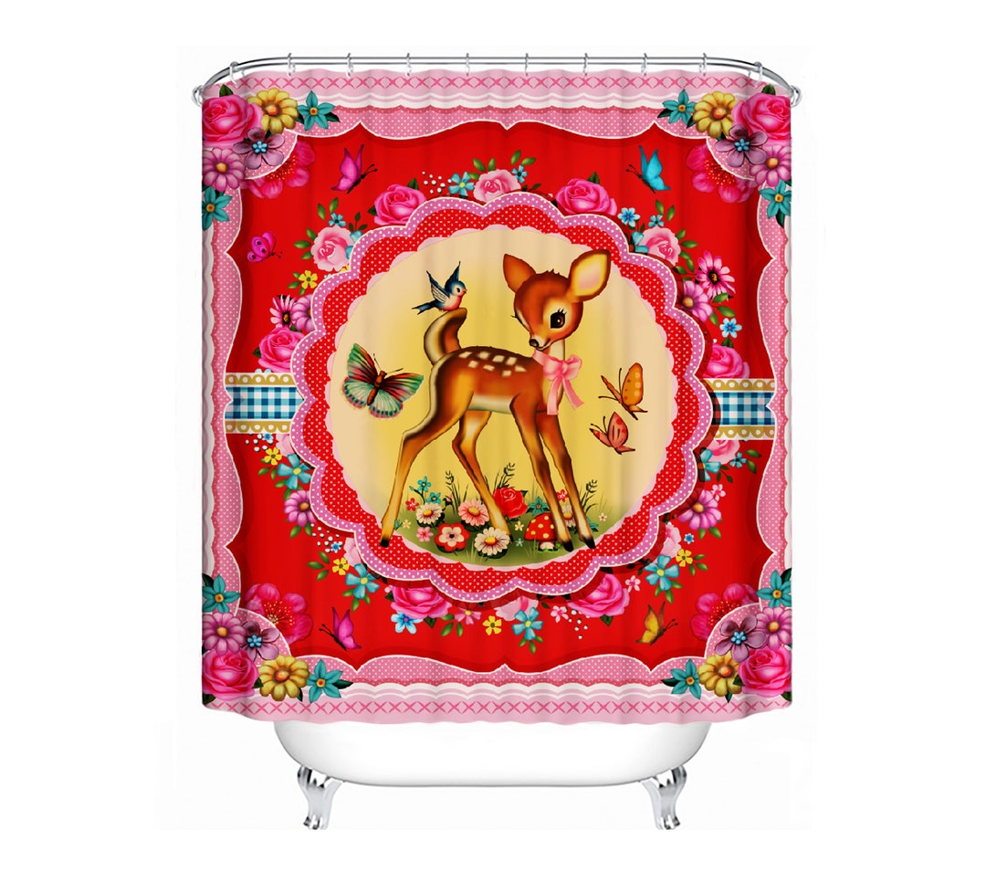 Bambi Shower Curtain Cute Deer Vintage Kitsch Shower Art by Fiona