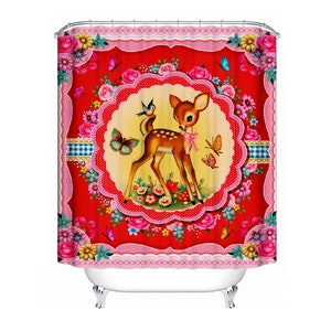 Bambi Shower Curtain cute deer vintage kitsch shower art by Fiona Hewitt 180cm x180cm