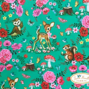 Forrest Bambi green fabric 0.5M x 1.42M cotton style deer and forrest friends fabric by Fiona Hewitt vintage bambi fabric
