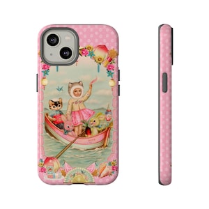 May include: Pink iPhone case with a floral design and a scene of a girl and animals in a boat. The boat says "Hope" on the side.