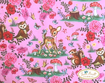 Forrest Bambi pink fabric 0.5M x 1.42M cotton style deer and forrest friends fabric by Fiona Hewitt vintage bambi fabric
