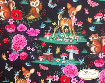 May include: A black fabric with a repeating pattern of pink flowers, mushrooms, butterflies, owls, deer, and squirrels. The fabric has the text "Fiona Hewitt Fabric" in the bottom right corner.