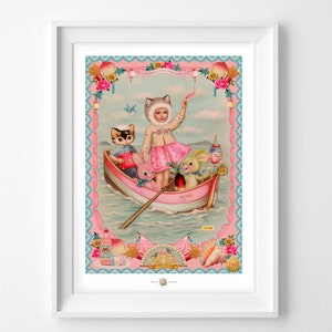 Kitty Girl Art Print: Boat of Hope, Vintage Asian Style