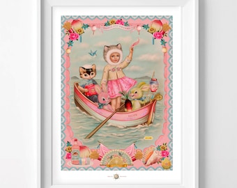 Kitty Girl Art Print: Boat of Hope, Vintage Asian Style