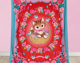 Coperta vintage in velluto con motivo di un gattino dolce: coperta kitsch a forma di animale