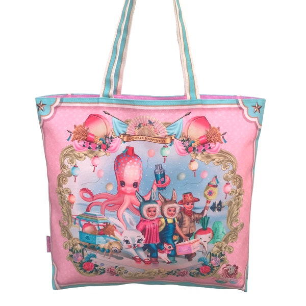 Kingdom of Joy shopper, kitsch shopper bag, kitsch asian surreal shopper, vintage asian shopper, happy octopus, Fiona Hewitt shopper