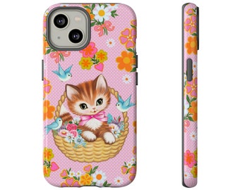 Kitty in a Basket Tough Phone Case for Apple iPhone, Samsung Galaxy and Google Pixel phones cute cats retro iphone case tough case