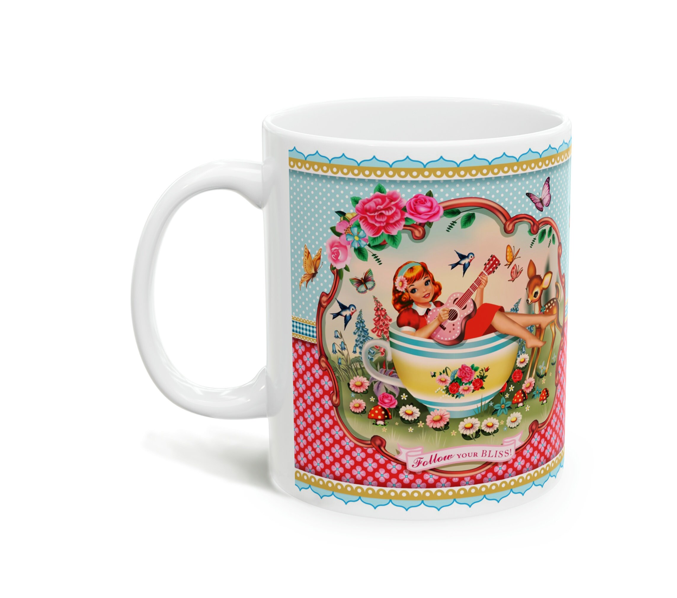 Girl and bambi 11oz ceramic mug, sweet vibes vintage girl and bambi retro ceramic mug