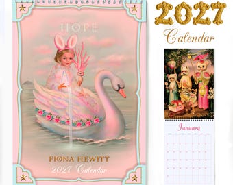 May include: A 2027 wall calendar by Fiona Hewitt featuring a spiral-bound cover with a child in bunny ears riding a swan on water, labeled HOPE. The calendar includes a January page with an illustration of anthropomorphic animals in a garden.