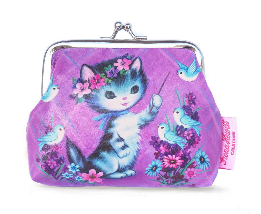 Kitschy Cute 'kitty & Birds' Coin Purse Vintage Cat 1950's Sweet Kitty