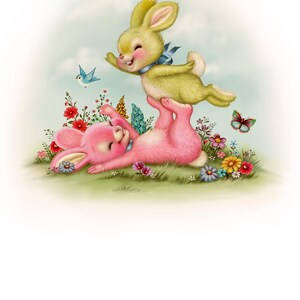 Lámina artística "Conejitos Felices": Ilustración infantil firmada de estilo vintage imagen 2